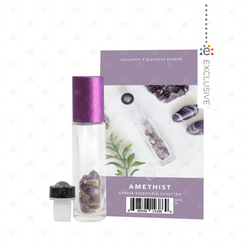 Amethist edelsteen rollerfles met bijpassende edelsteen rollertop en amethist edelsteen chips.